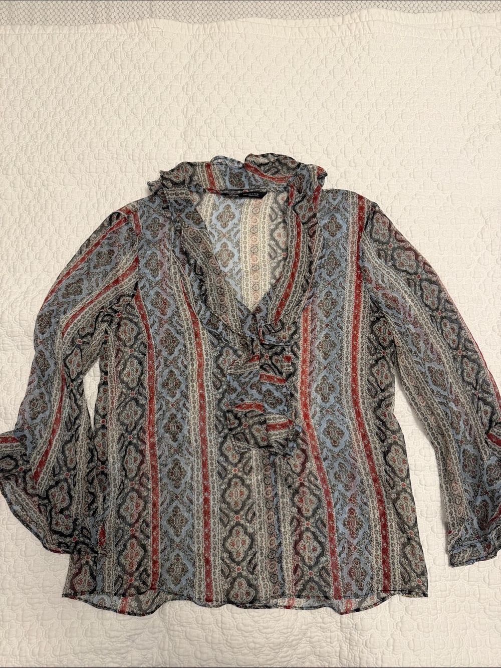 Zara Paisley Stripe Ruffled V-Neck Blouse - Blue, Red, Black